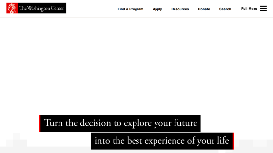 The Washington Center website header with navigation and a motivational hero message about exploring your future