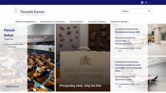 Homepage of Tweede Kamer featuring current debates and events.