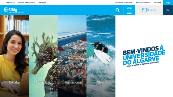 Welcome message and images representing university programs at Universidade do Algarve.
