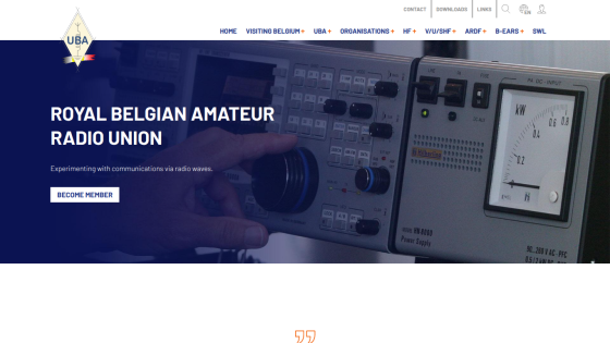 Royal Belgian Amateur Radio Union homepage with navigation and call to become member