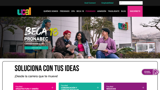 University homepage with scholarship announcement and students collaborating outdoors, navigation menu and call to action visible