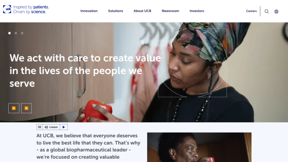 Homepage featuring a woman interacting with a red object and a mission statement about care and value.