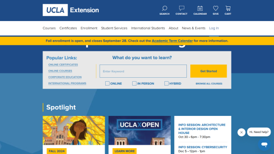UCLA Extension homepage with navigation, search bar, and featured programs.