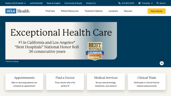 UCLA Health homepage featuring 'Exceptional Health Care' and navigation options.