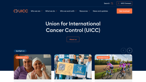 Homepage of UICC featuring images and the title 'Union for International Cancer Control (UICC)'.