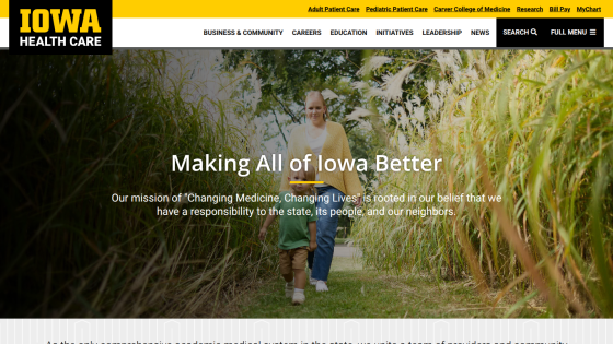 Homepage of Iowa Health Care featuring a family in a field and a mission statement.