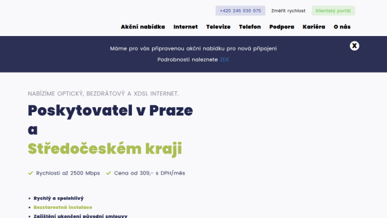 Internet service provider in Prague and Central Bohemia offering optical, wireless, and xDSL internet with speeds up to 2500 Mbps and prices from 309 CZK/month