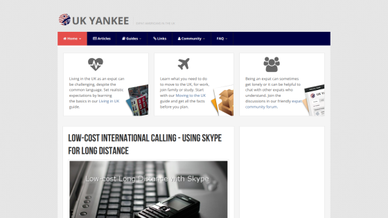 UK Yankee website homepage for expat Americans in the UK with guides, community, and articles on living and moving to the UK