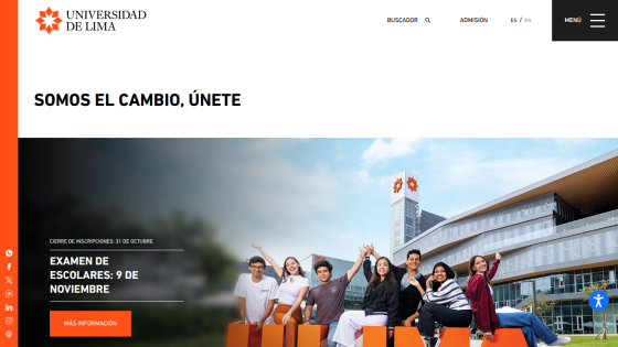 University of Lima homepage featuring a group of students and a call to action for upcoming exams.