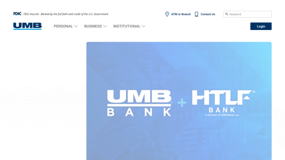 Homepage of UMB Bank featuring logo and navigation options.