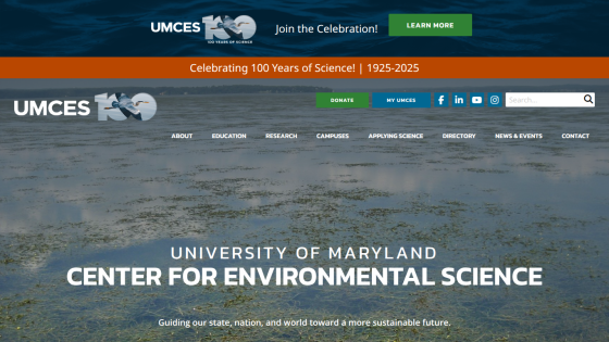UMCES website celebrating 100 years of science with a focus on environmental science.