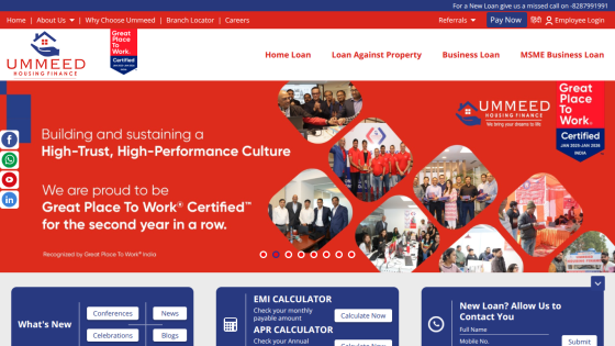 Ummeed Housing Finance homepage with navigation, Great Place To Work certification, and loan options