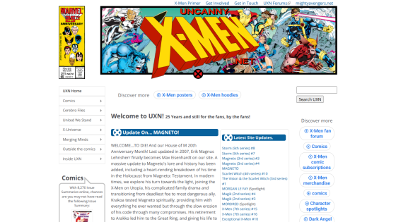Uncanny X-Men website homepage with navigation menu, welcome message, and latest site updates on X-Men comics