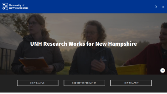 UNH Research Works for New Hampshire with navigation buttons for campus visits and information requests.