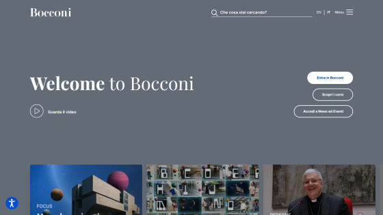 Homepage of Bocconi University featuring a welcome message and navigation options.
