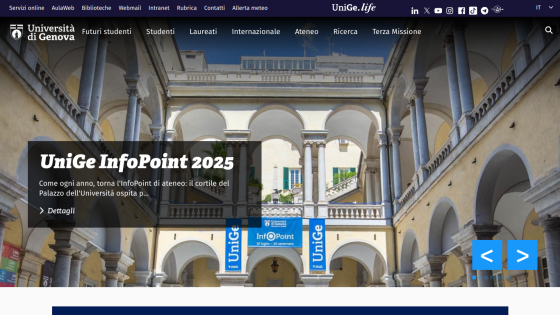 Homepage of Università di Genova featuring UniGe InfoPoint 2025 announcement.