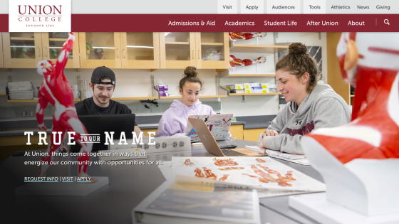 Union College homepage featuring students engaged in a lab setting with the text 'TRUE TO YOUR NAME'.