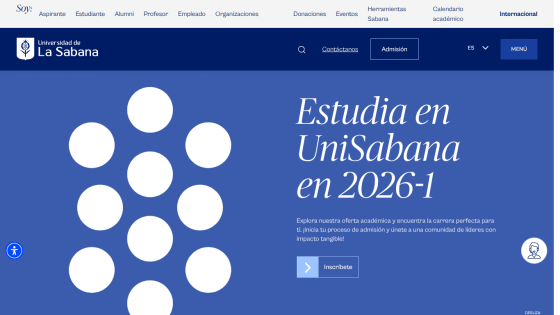 Homepage of UniSabana promoting studies for 2026-1 with a blue background and circular design elements.