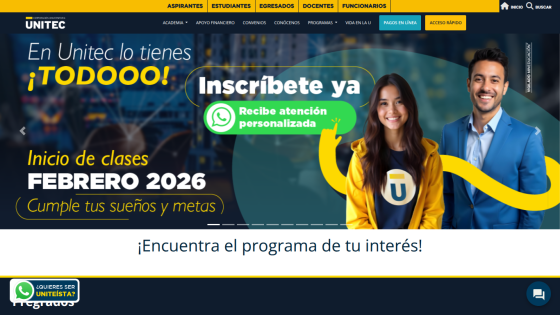 Unitec university homepage with February 2026 class start and personalized WhatsApp attention invitation
