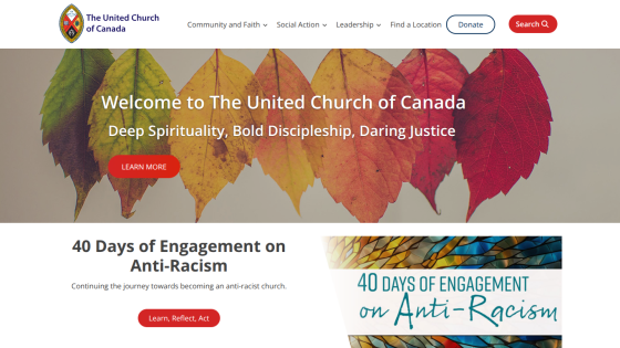The United Church of Canada homepage with a welcome message, navigation menu, and a 40 Days of Engagement on Anti-Racism section
