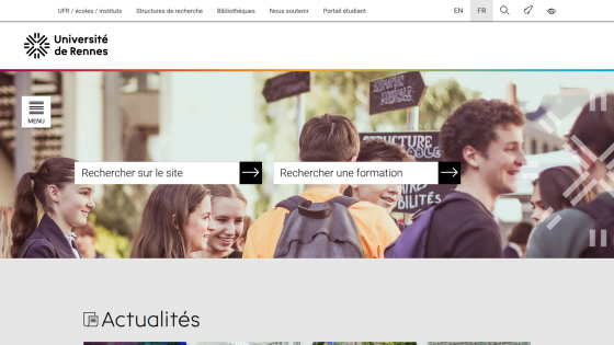 University of Rennes homepage featuring search options and news section.