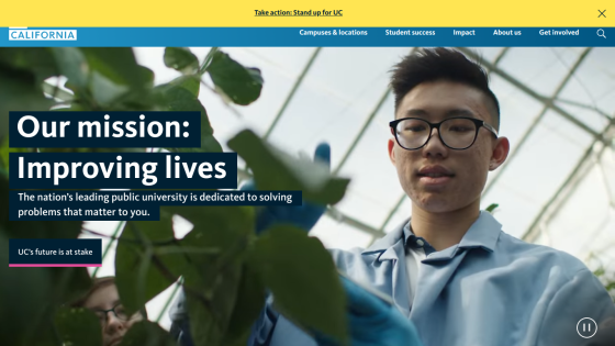 University mission statement about improving lives with a student interacting with plants.