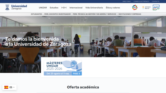 Welcome message for Universidad de Zaragoza with academic offerings highlighted.