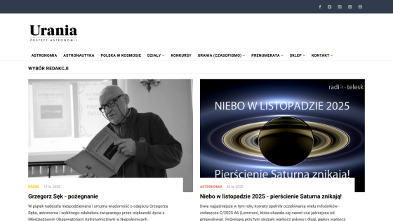 Astronomy website Urania with editorial picks including an article on Grzegorz Sęk and Saturn's rings disappearing in November 2025