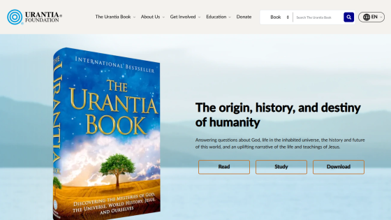 The Urantia Book homepage with a book cover image and text about the origin, history, and destiny of humanity, plus Read, Study, Download buttons