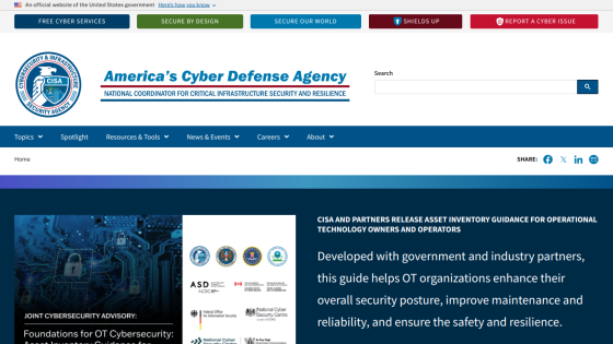 Homepage of America's Cyber Defense Agency with resources and events highlighted.