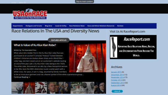 News website USAonRace with headline on race relations and diversity, featuring images and article excerpts.