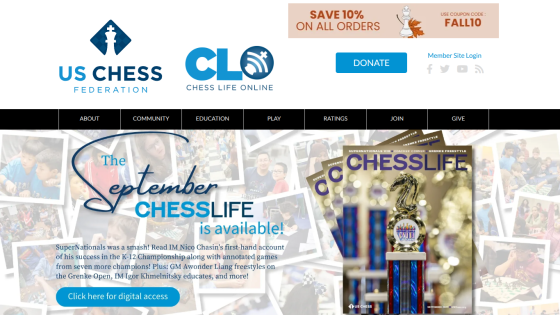 US Chess Federation homepage featuring September Chess Life announcement and donation button.