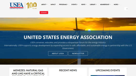United States Energy Association homepage with mission statement and navigation menu