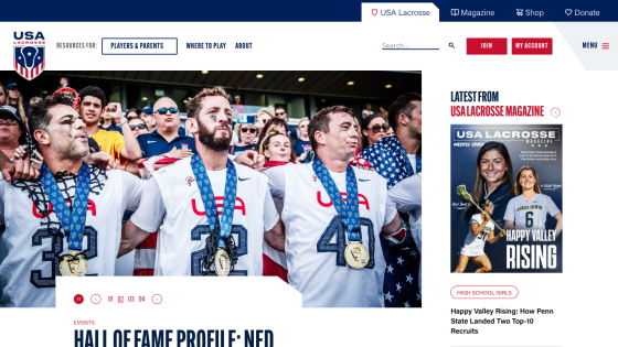 USA Lacrosse homepage with players wearing medals and links for players, parents, and lacrosse magazine
