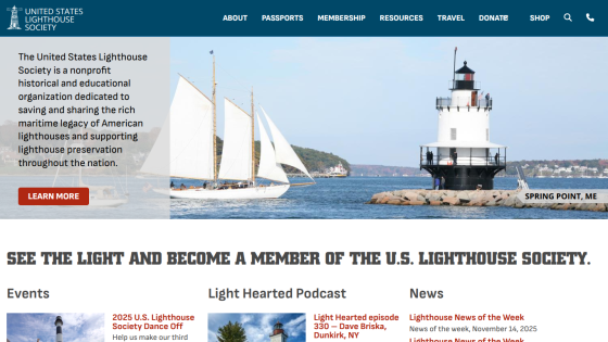 United States Lighthouse Society homepage with navigation, mission statement, sailboat and lighthouse image, and membership call to action.