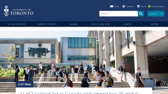 University of Toronto homepage featuring students on campus and key information about rankings.