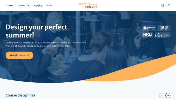 Summer School Utrecht homepage with headline inviting to design your perfect summer and button to view all courses