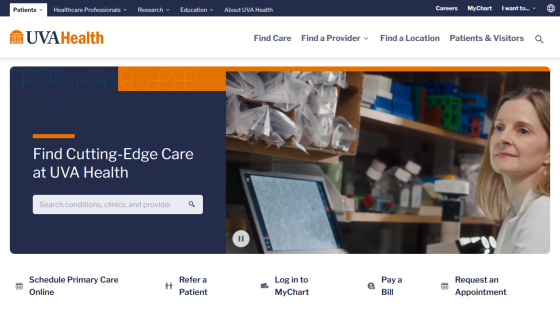 UVA Health homepage with search bar for conditions and clinics, and options for scheduling care, referring patients, and billing