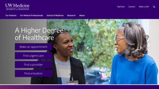 Homepage of UW Medicine featuring two women discussing healthcare options and navigation links.