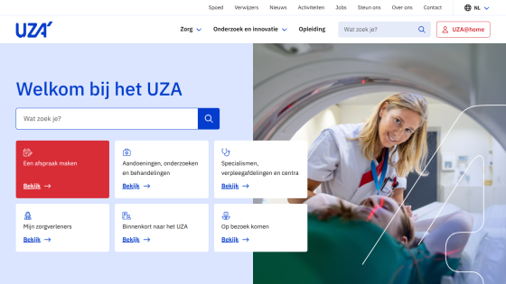 Welcome page of UZA with navigation menu and a nurse attending a patient in a hospital setting