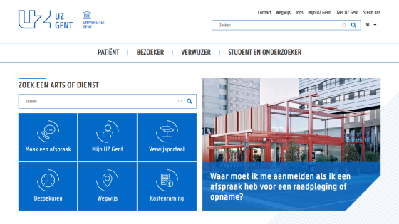 Homepage of UZ Gent with search bar and service options displayed.