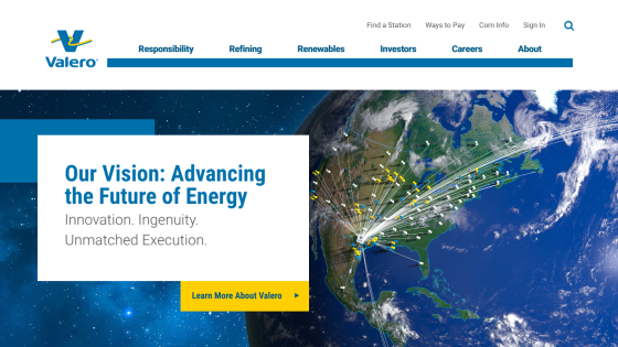 Valero's vision statement on energy innovation with a map background.