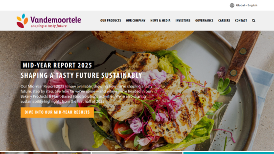 Vandemoortele mid-year report 2025 announcement with a grilled sandwich image and navigation menu