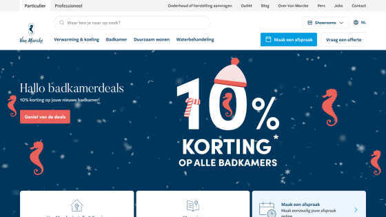 E-commerce homepage offering 10% discount on all badkamers with navigation and call to action