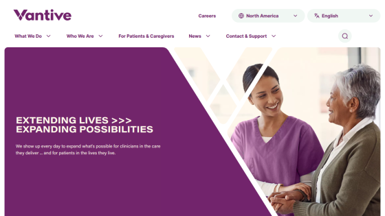 Vantive website hero section with headline about extending lives and expanding possibilities, showing two smiling people