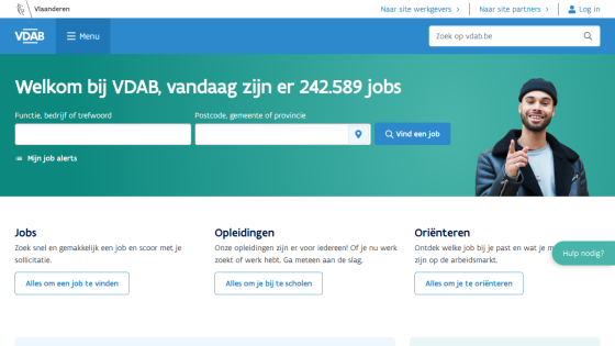 Homepage of VDAB displaying job search with 242,589 jobs available.