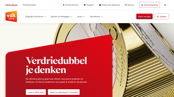 VDK Bank homepage with navigation and hero promoting ethical-sustainable projects and account opening in 7 minutes.