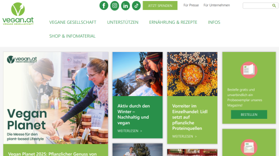 Vegan.at homepage featuring Vegan Planet 2025 event, articles on sustainable vegan winter activities, plant-based protein sources, and magazine subscription offer
