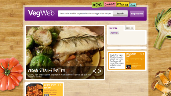 VegWeb homepage with search bar, vegan steak-stout pie recipe featured, and community chat preview