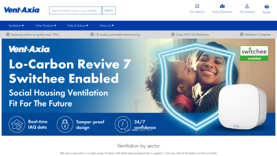 Vent-Axia homepage featuring Lo-Carbon Revive 7 Switchee Enabled social housing ventilation with real-time IAQ data and tamper-proof design